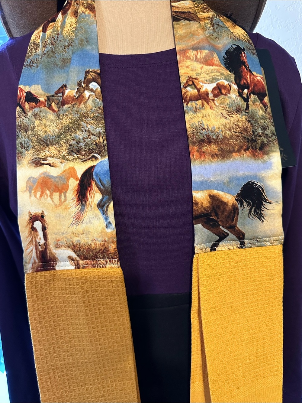 Handmade Wild Horse Print Kitchen Scarf in Mustard and Multi - Picture 2 of 10